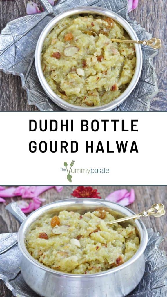 Lauki halwa in a silver bowl with text overlay.