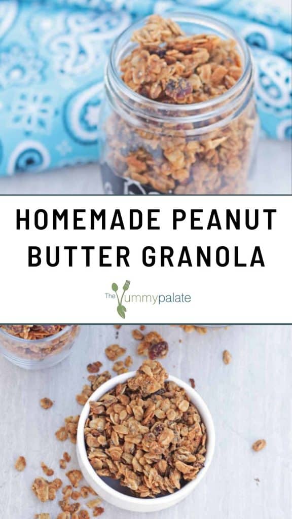 Homemade peanut butter granola in mason jar and bowl.