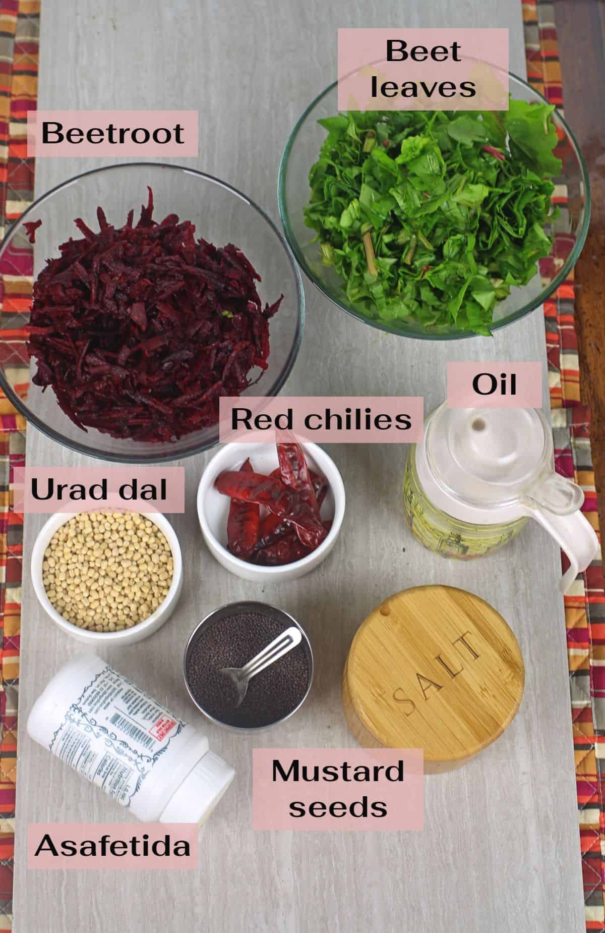 Ingredients needed to make beetroot chutney with beet greens