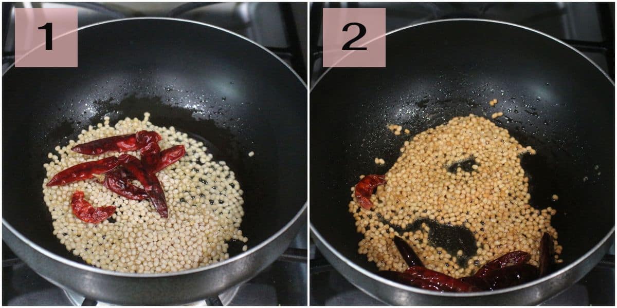 frying lentil and red chilies in a pan