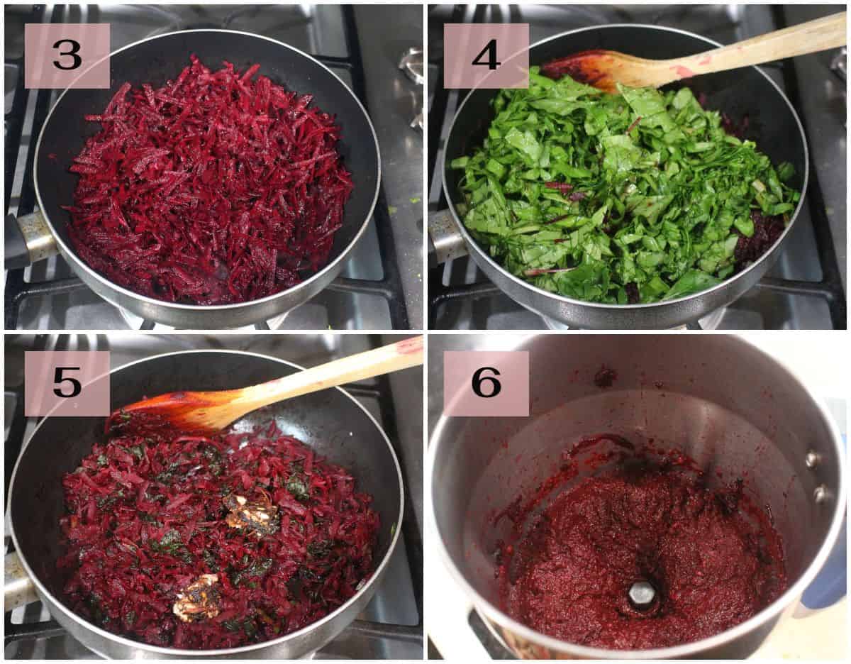 frying beetroot and beet leaves and grinding