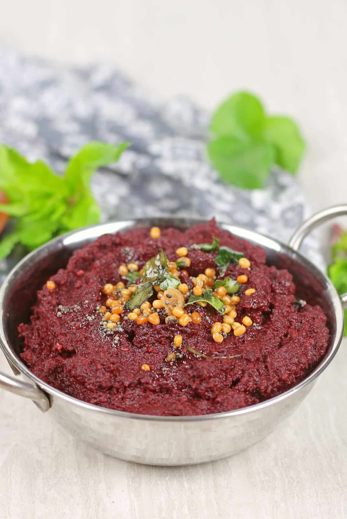 Beetroot thogayal in a bowl