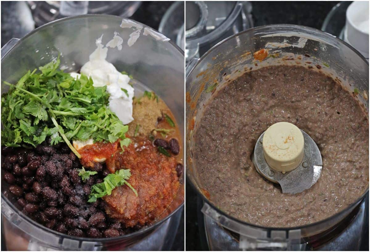 processing the ingredients in a food processor for black bean dip