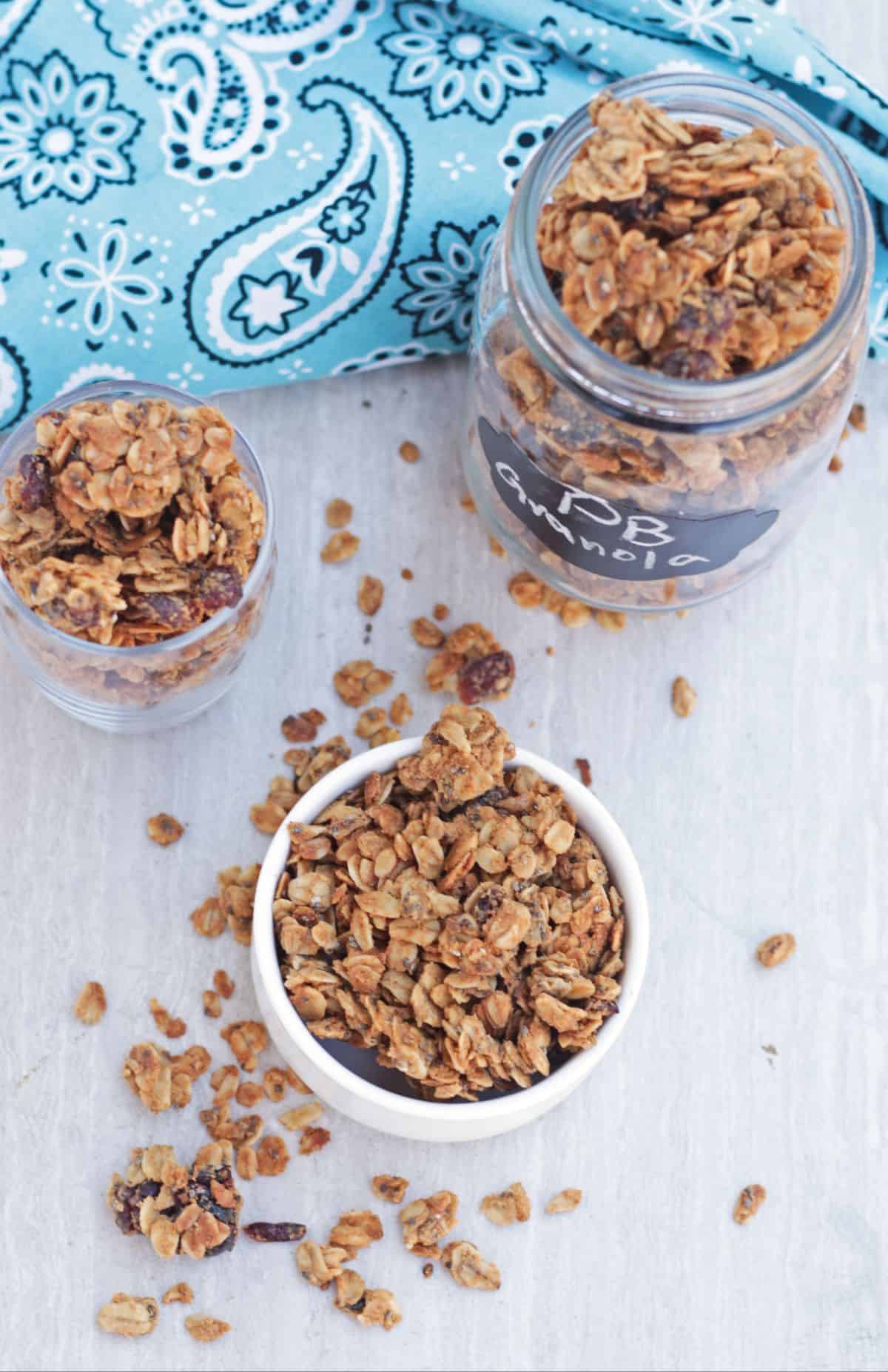 granola in a bowl and jar