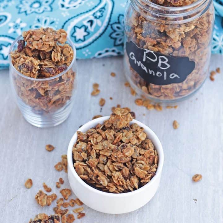 peanut butter granola in a bowl and jar