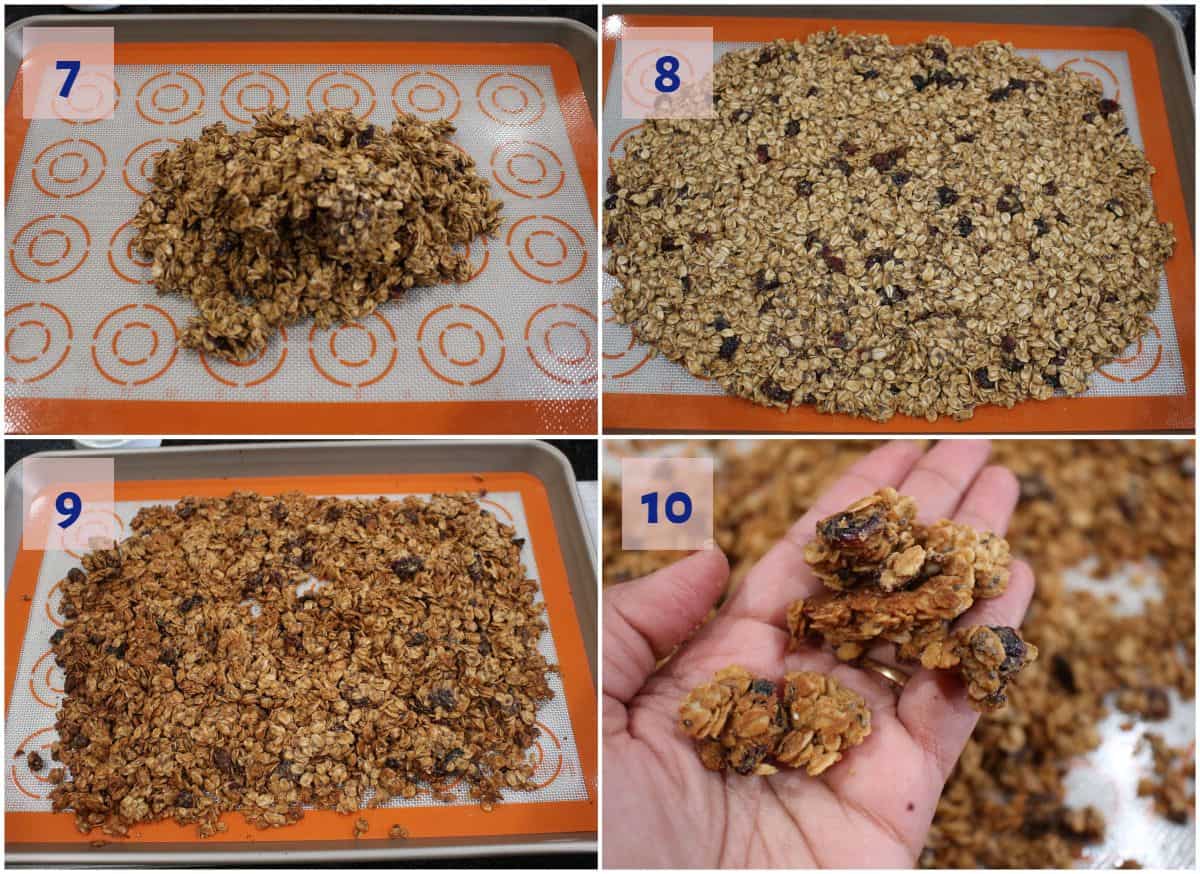 process shot to spread granola in a tray and bake