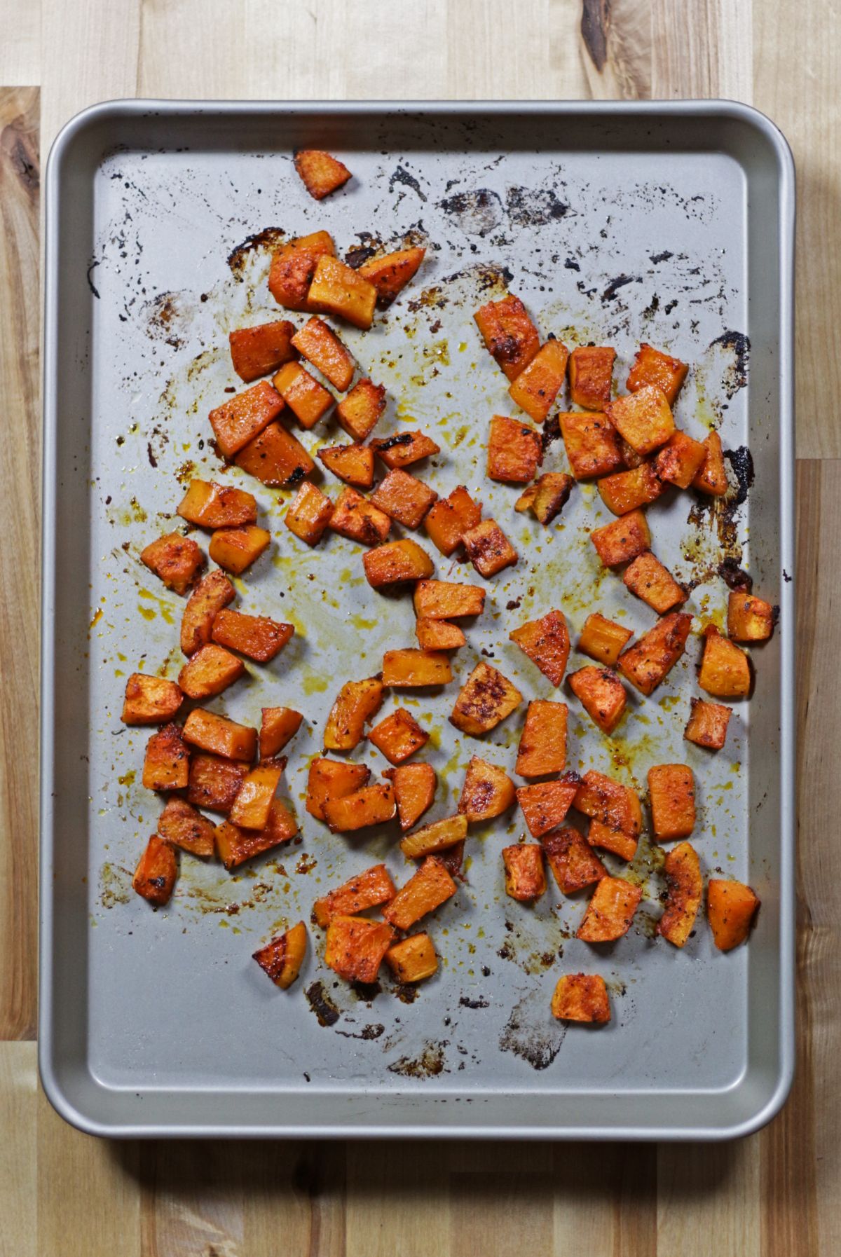 roasted butternut squash in a baking sheet