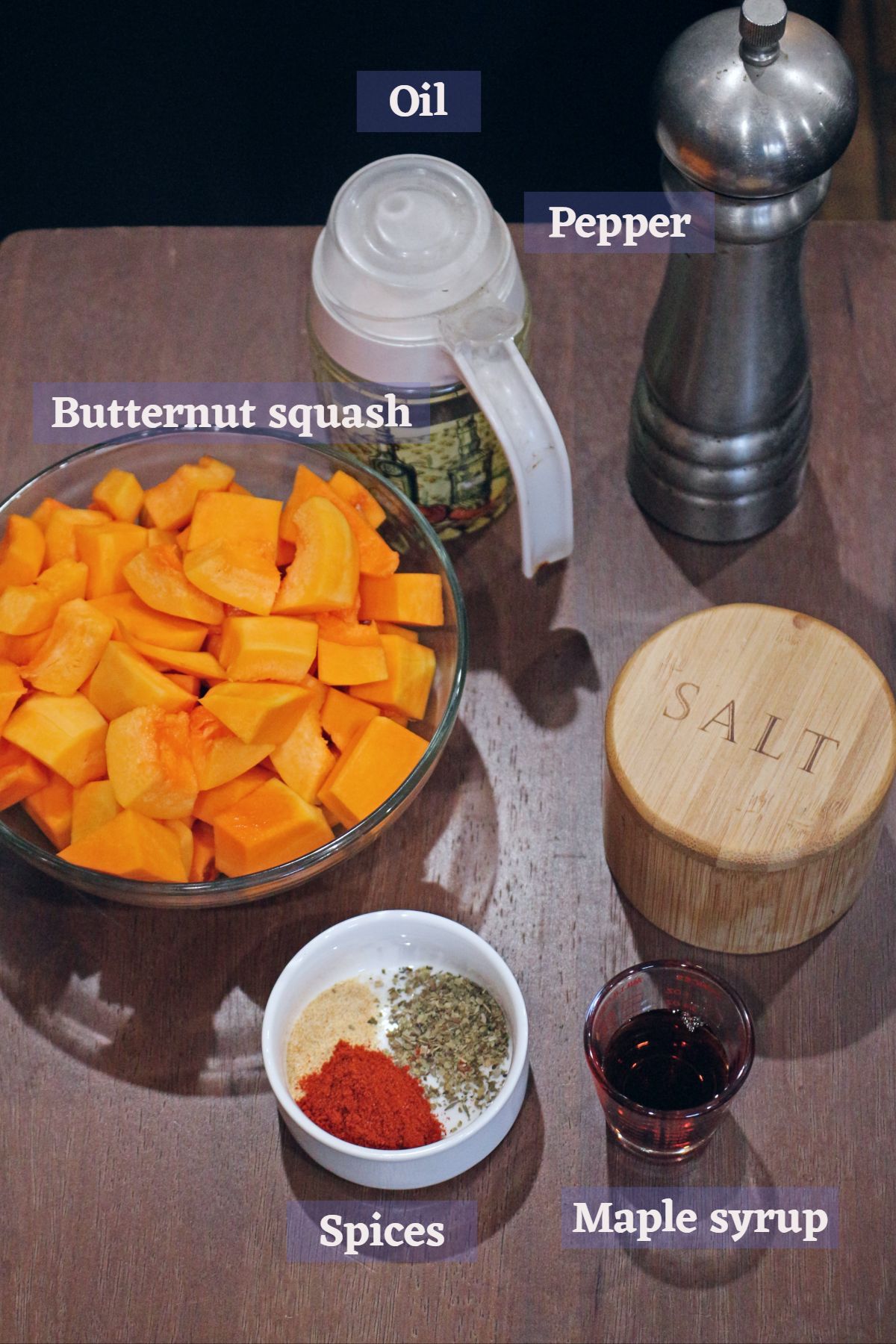 ingredients labeled for roasted butternut squash