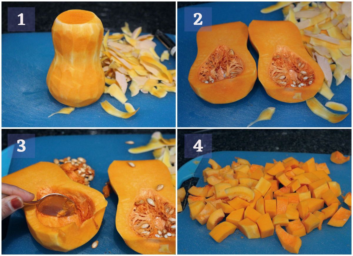 process shot to peel and chop butternut squash