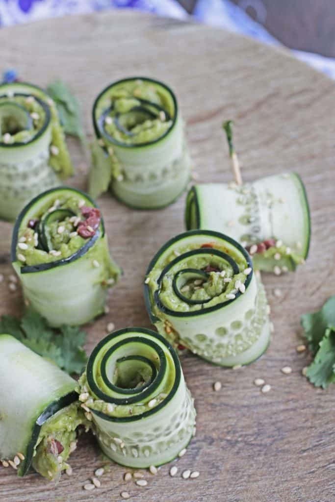 close up of cucumber roll with tooth pick
