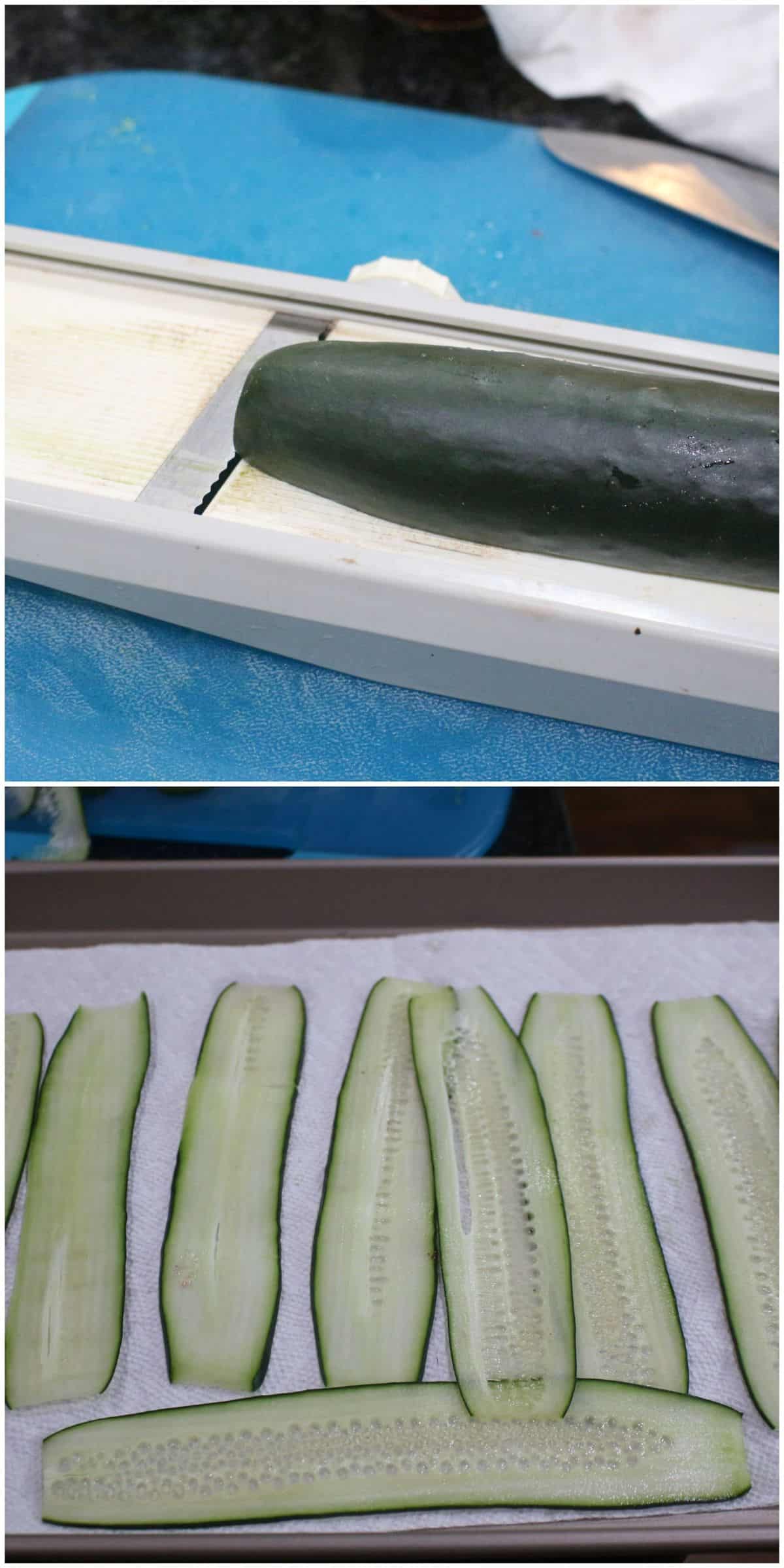 slicing cucumber using a mandolin and placing it on a paper towel