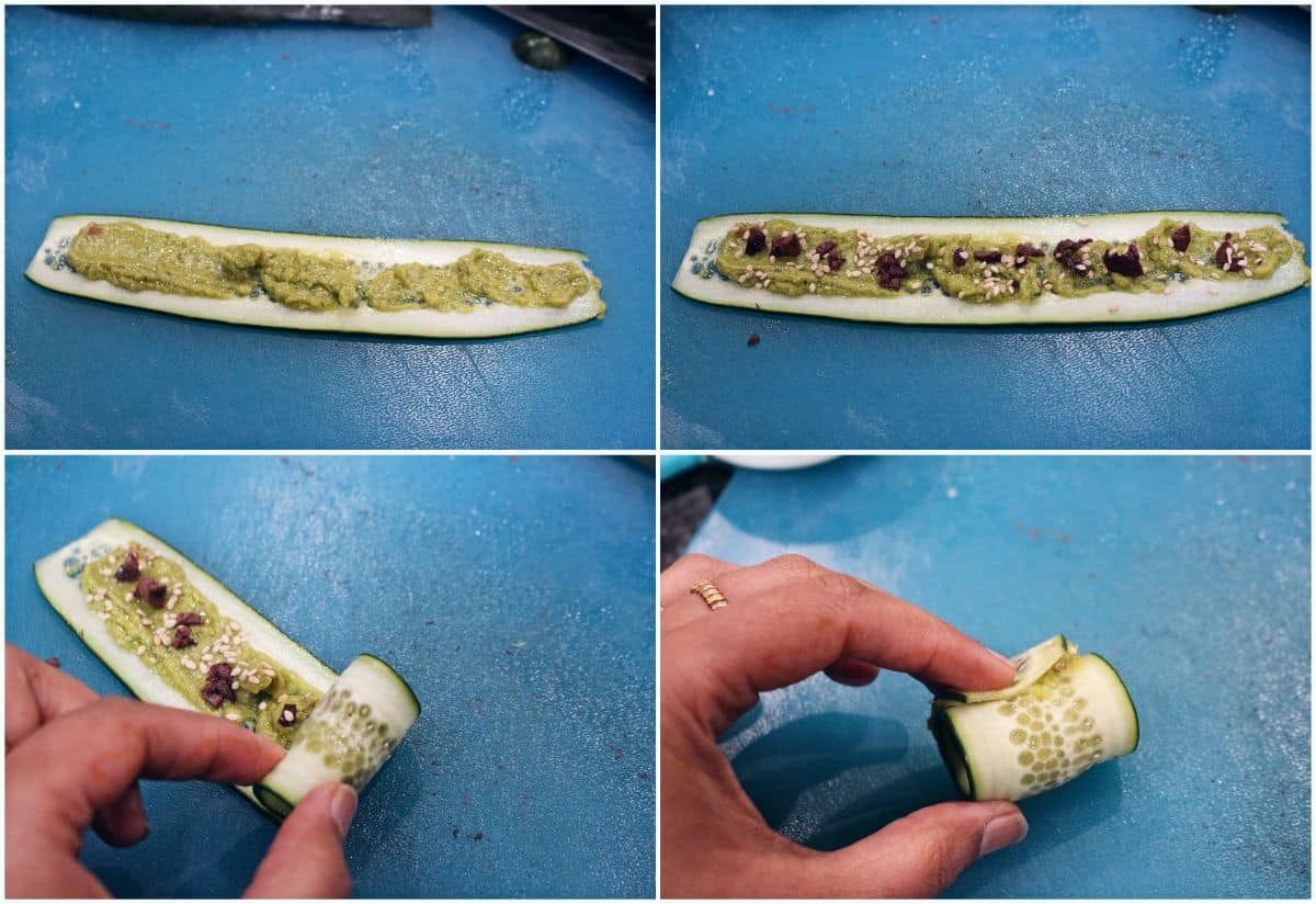 picture collage showing how to roll a cucumber roll