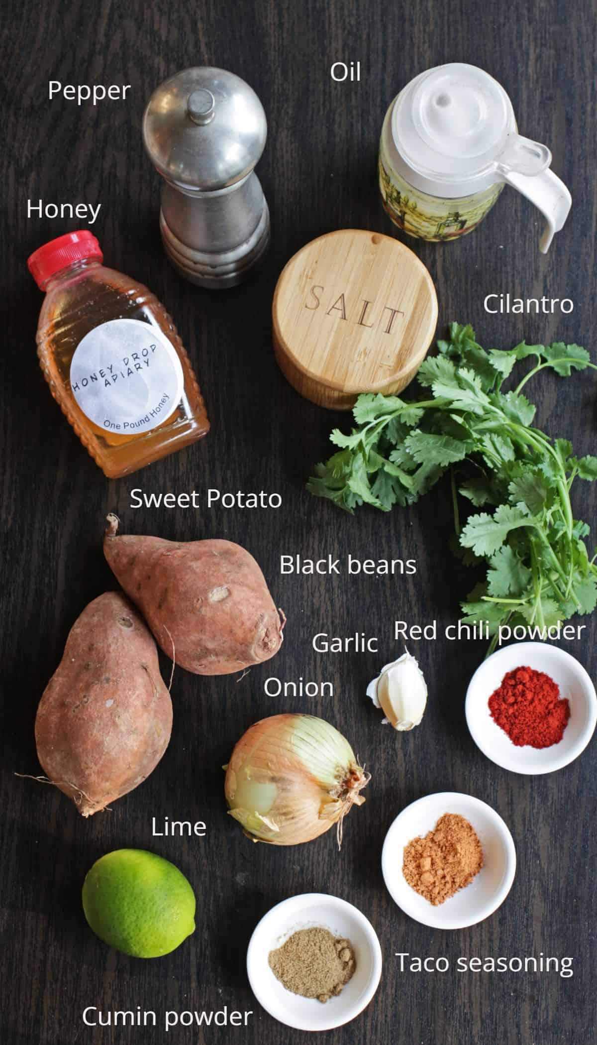 Ingredients needed to make black bean and sweet potato soft tacos.