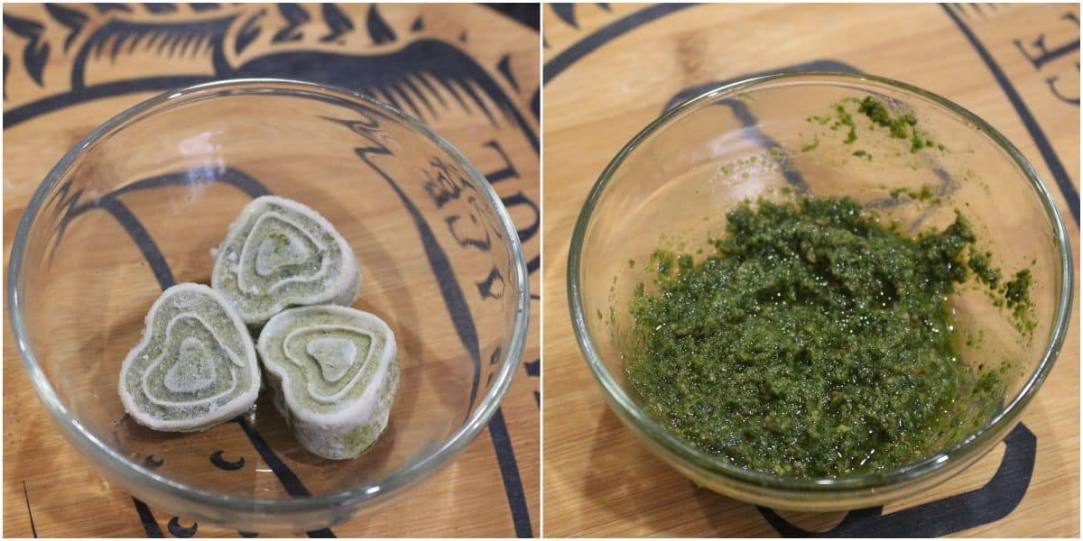 frozen pesto and thawed pesto in a bowl.
