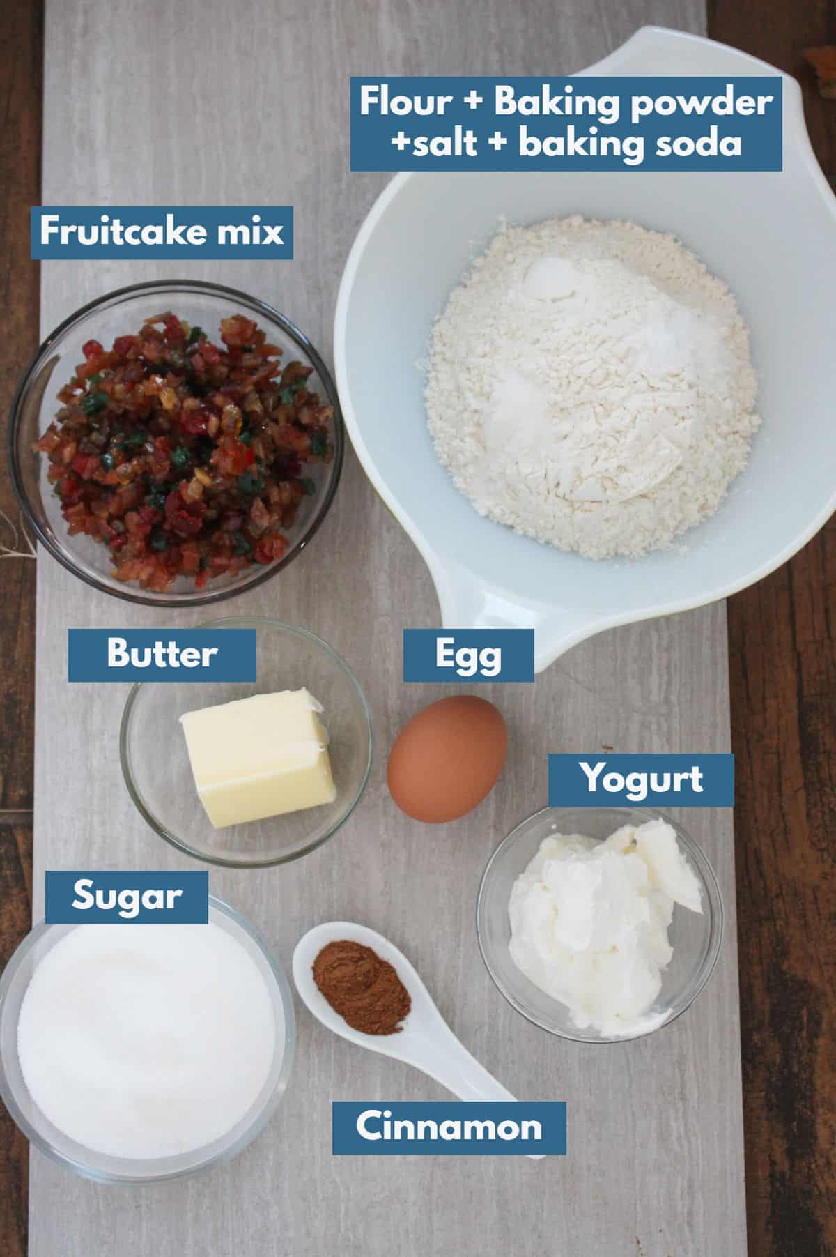 Ingredients needed to make fruitcake muffins