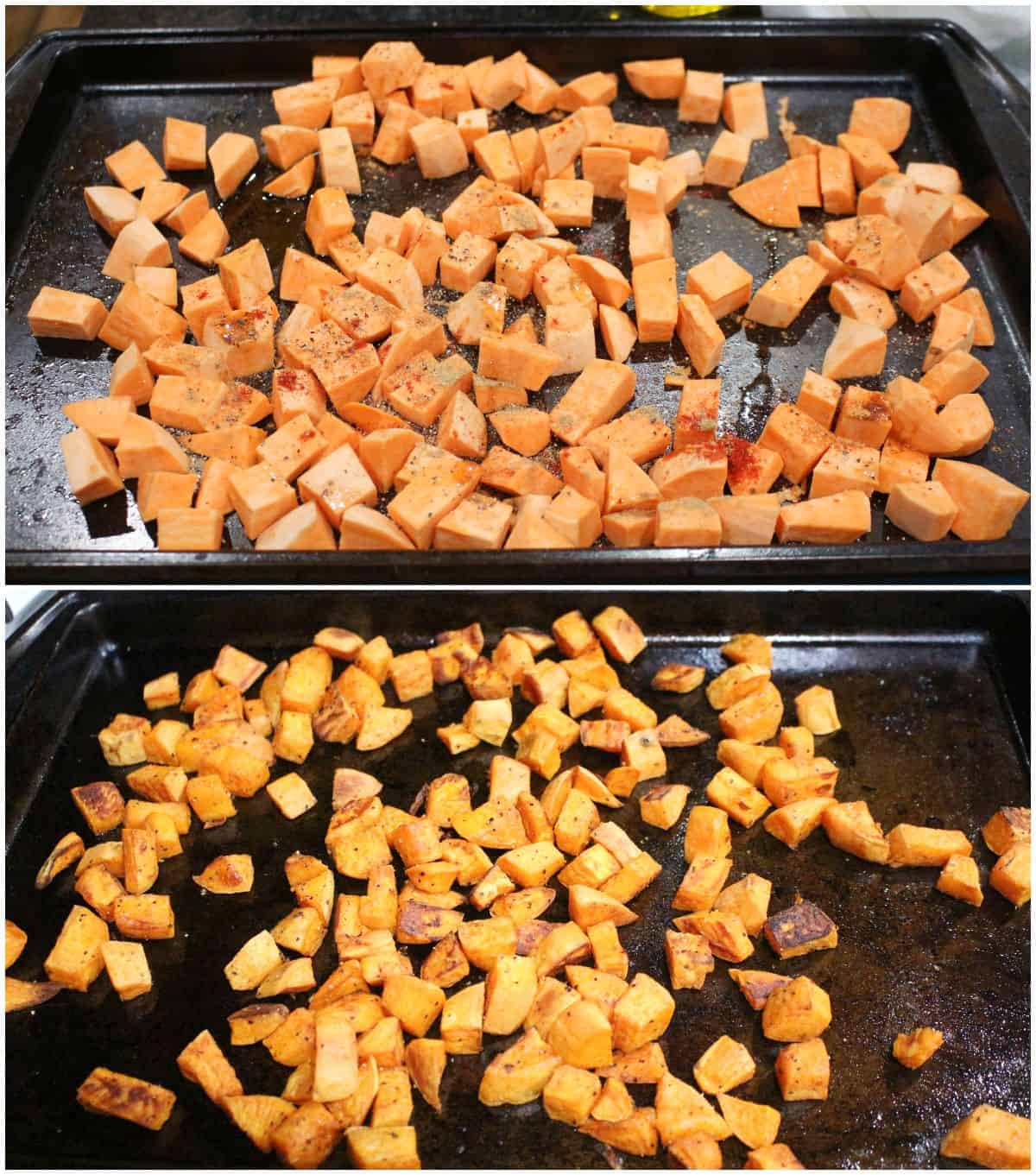 Roasting sweet potatoes in a baking tray.