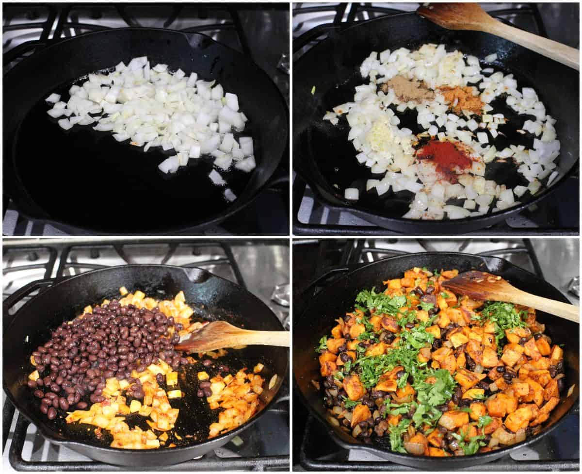 Process shot to show how to make black beans and sweet potato filling for soft tacos.