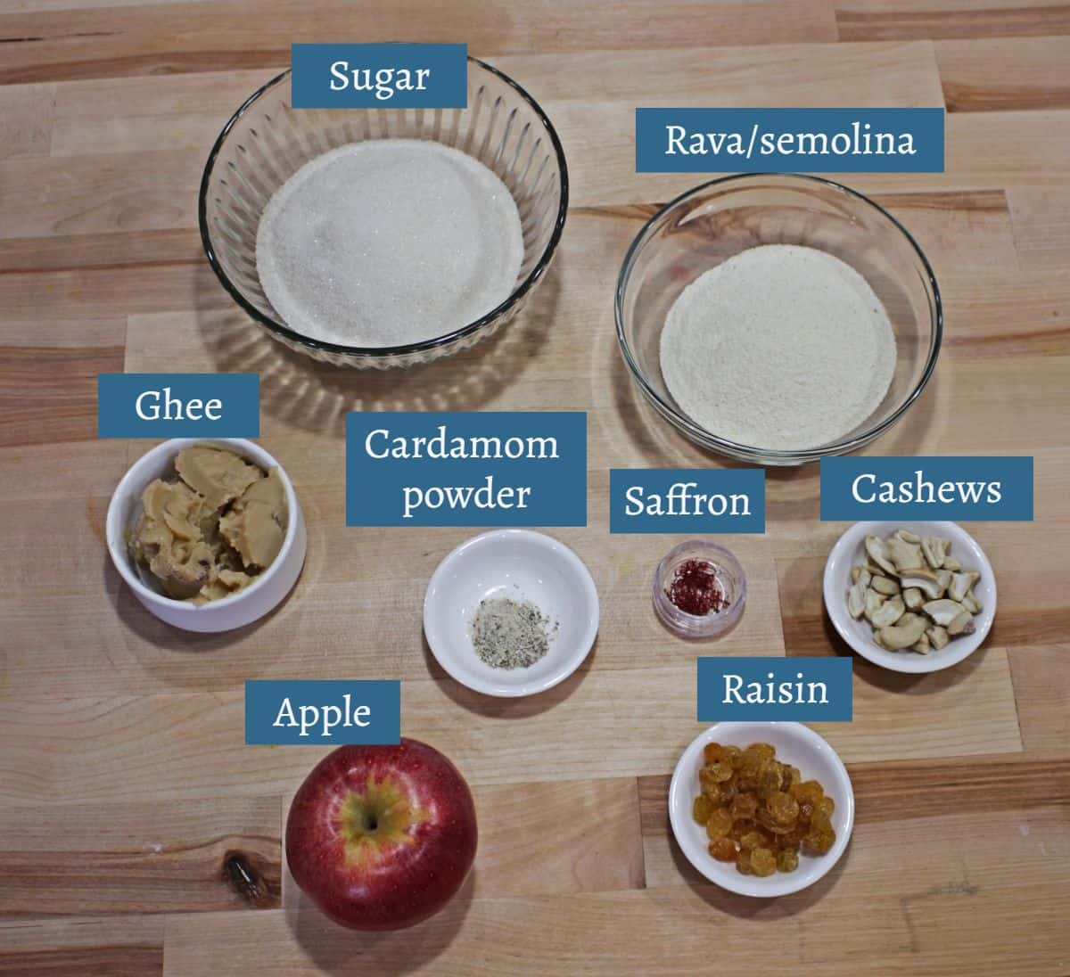 Ingredients labeled to make kesari with apple.
