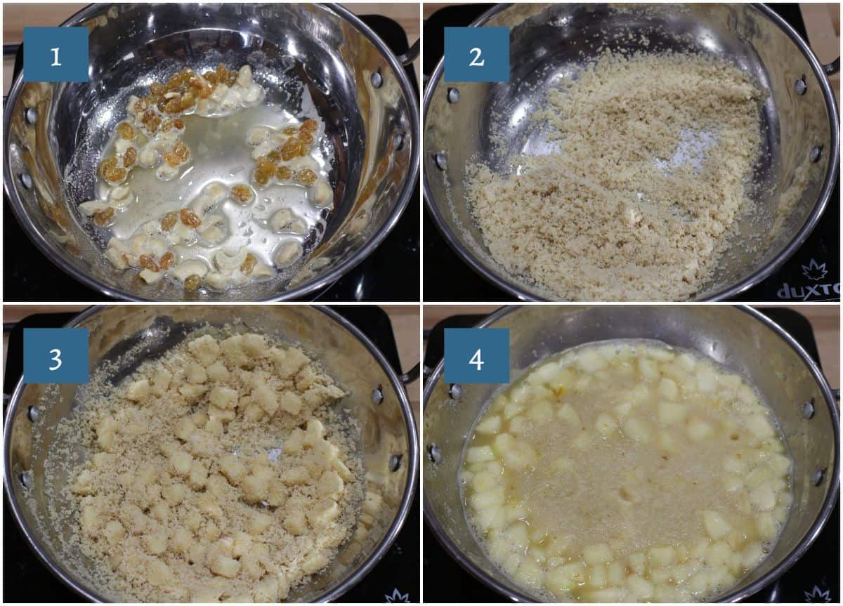 Process shot to fry dry fruits and semolina to make apple kesari.