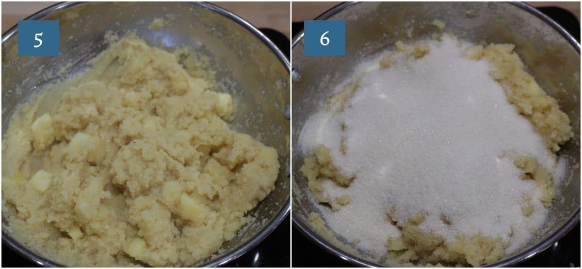 Adding sugar to cooked semolina and apple.