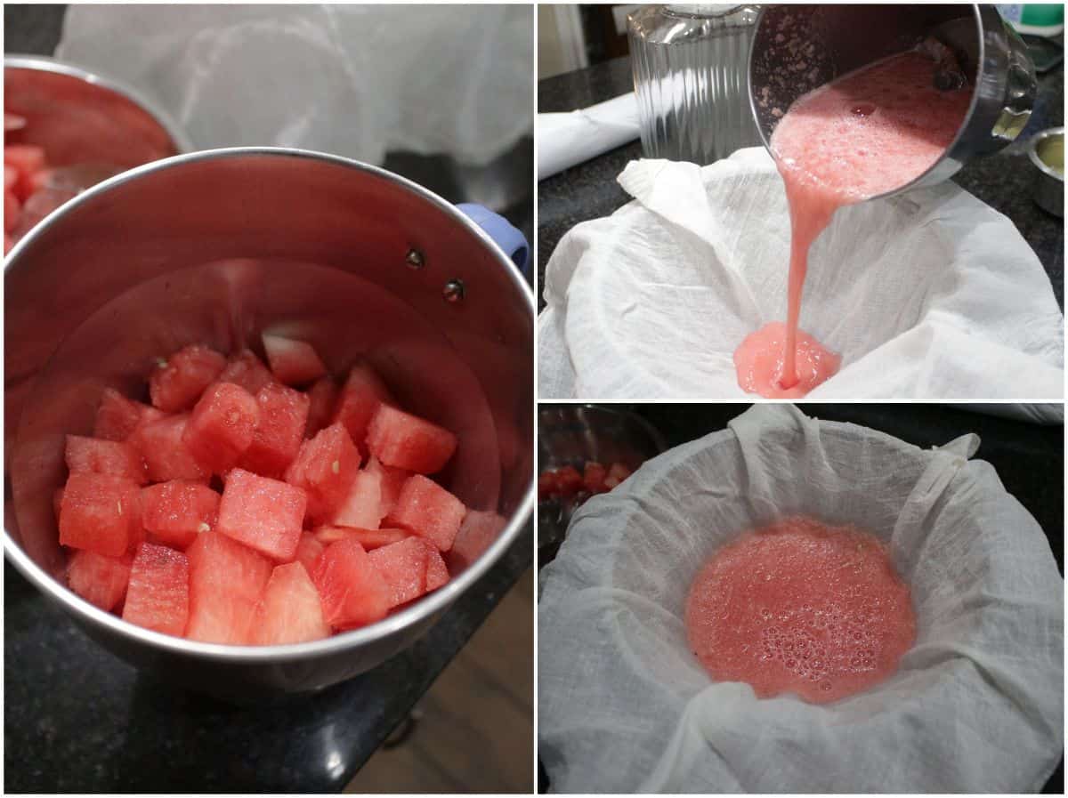 Grinding watermelon in a blender and straining it in a cheesecloth.