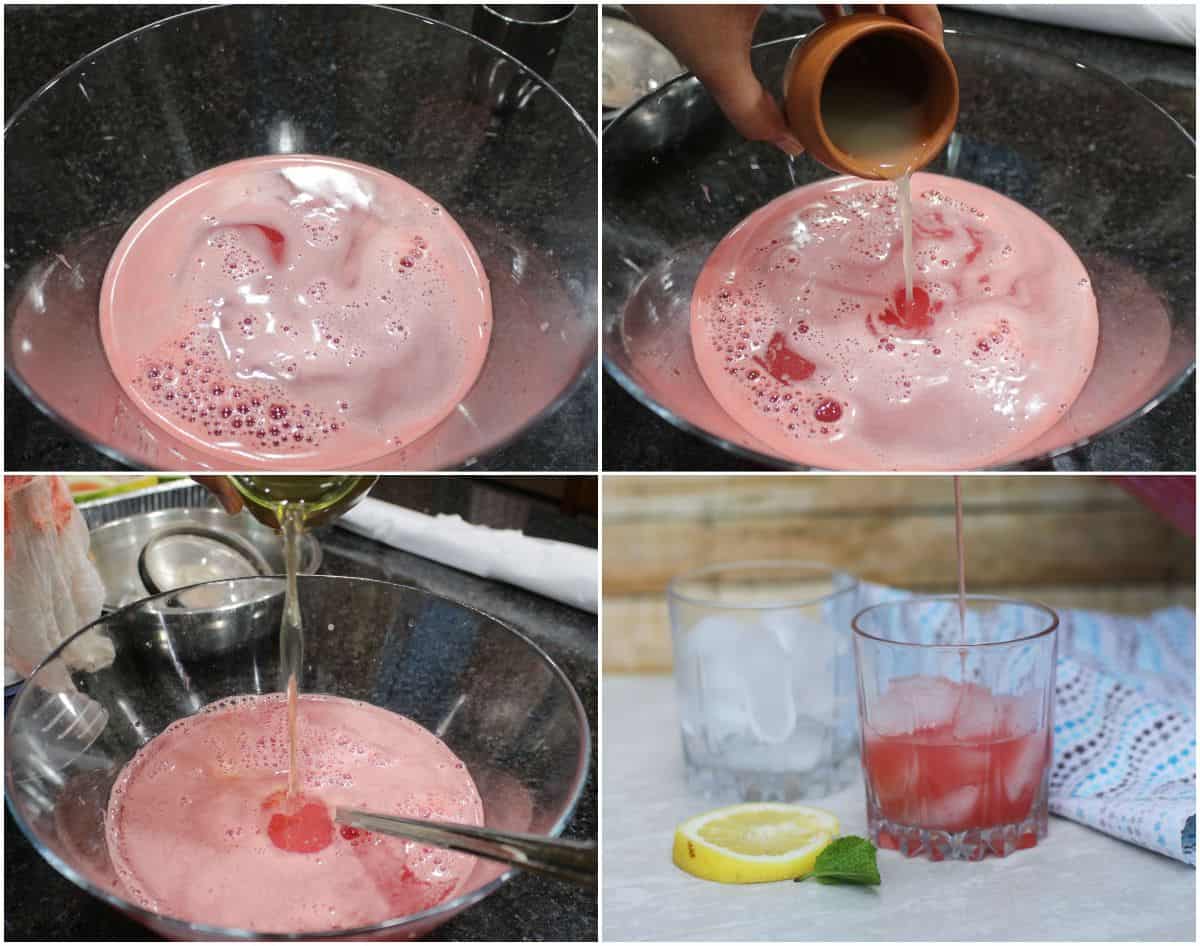 Adding lemon juice and sugar syrup to wagtermelon juice and pouring it in glass.