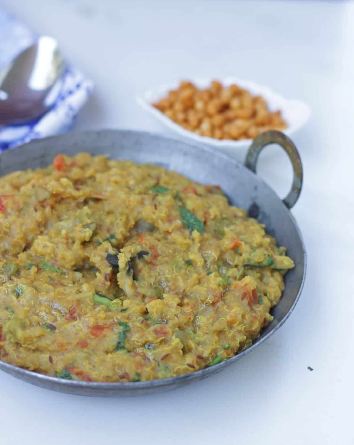 Close up of moong dal quinoa khichdi.