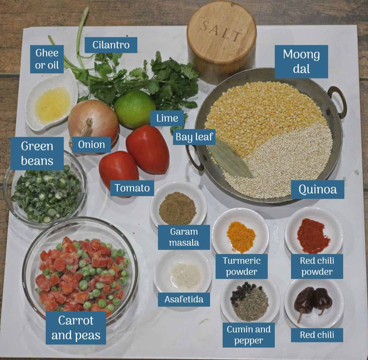 Ingredients labeled to make quinoa khichdi.