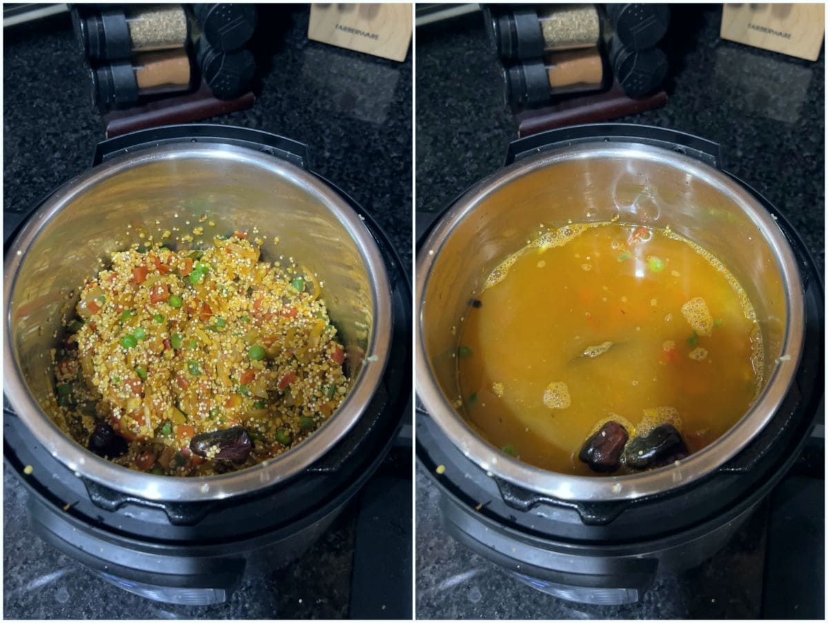 Adding water to quinoa khichdi in instant pot.