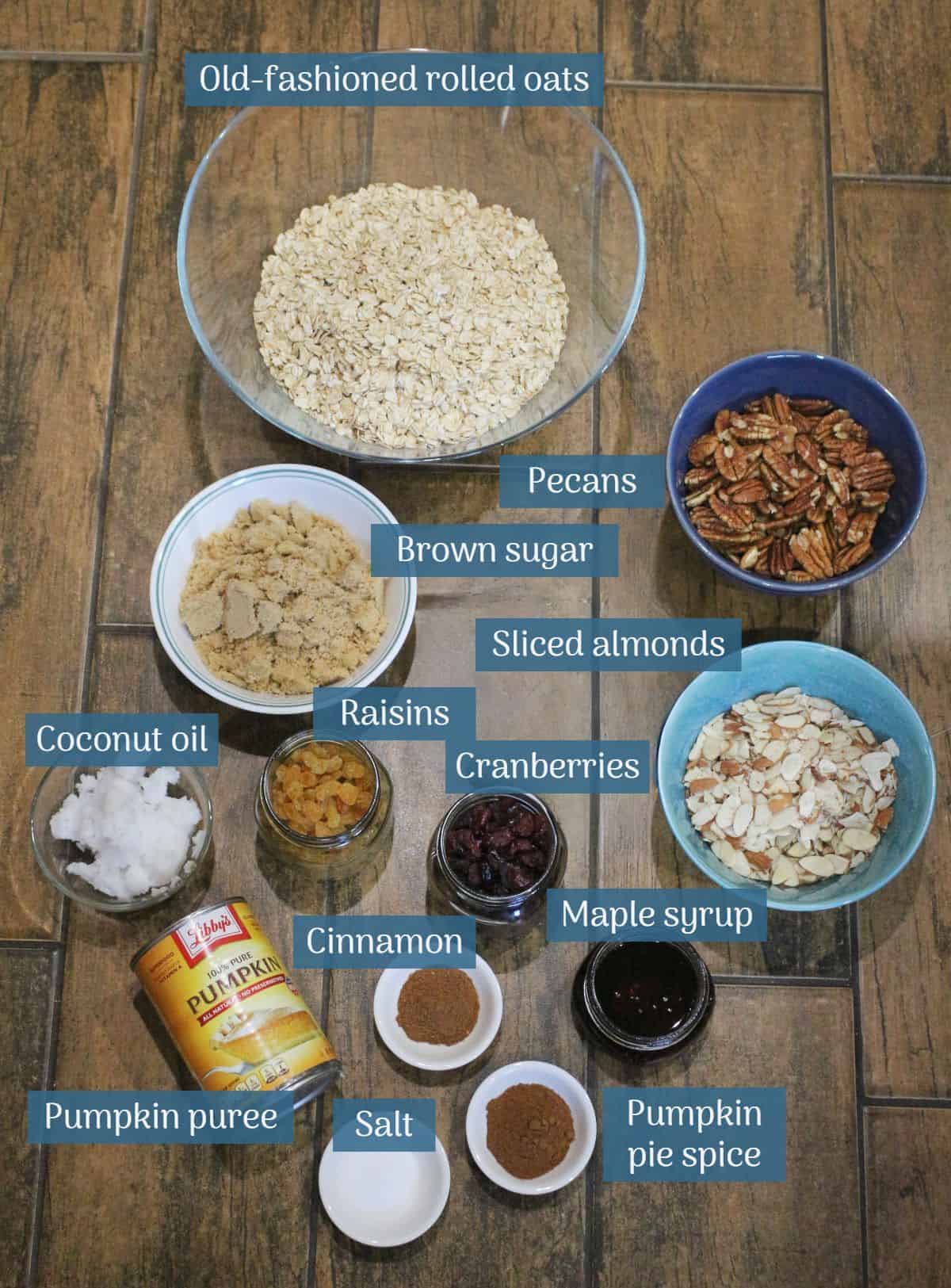 Ingredients needed to make homemade pumpkin maple granola.