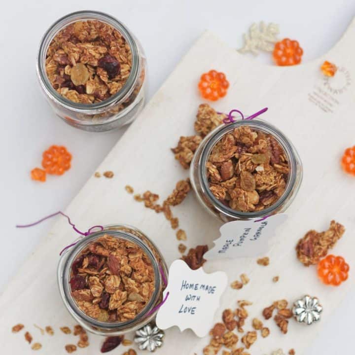 Pumpkin maple granola in jars.