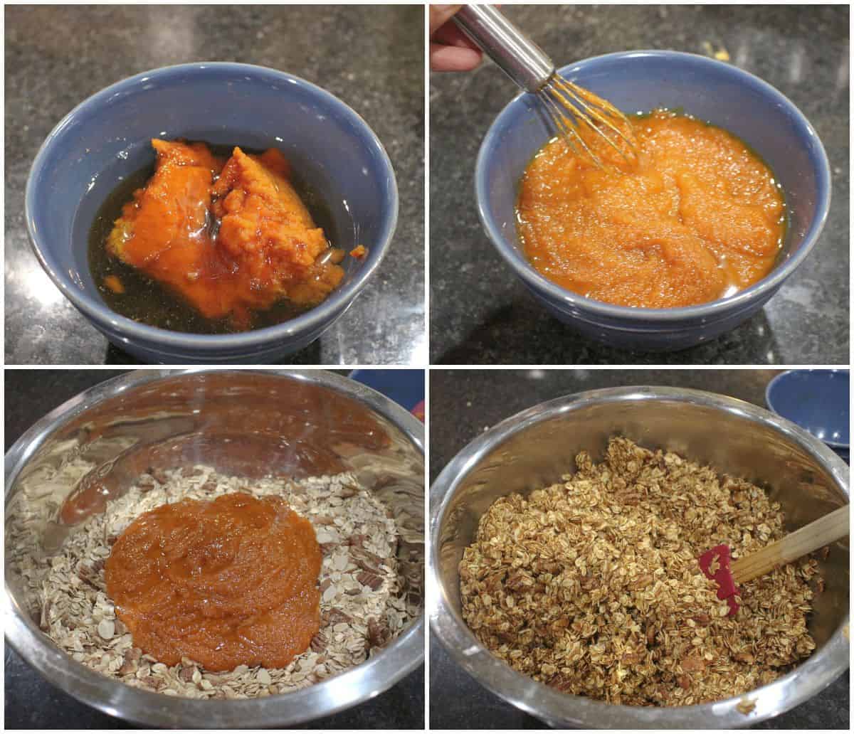 Adding pumpkin puree and wet ingredients to oats.